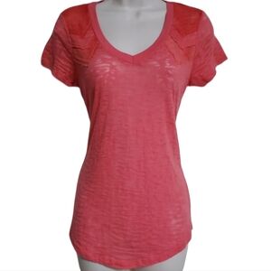 BKE Womens Medium Sheer Burnout Chevron V-Neck Short Sleeve Layering Shirt Coral